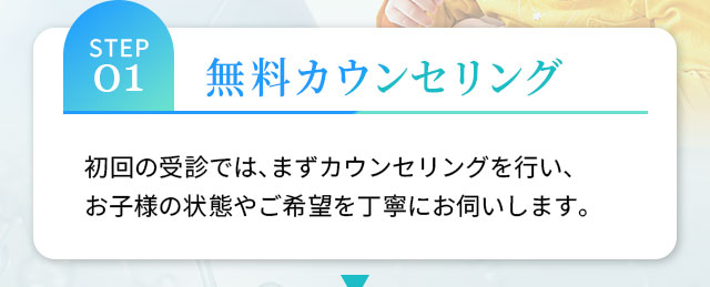 STEP01 無料カウンセリング 初回の受診では、まずカウンセリングを行い、お子様の状態やご希望を丁寧にお伺いします。