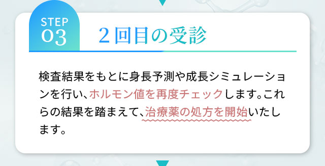 STEP03 2回目の受診 検査結果をもとに身長予測や成長シミュレーションを行い、ホルモン値を再度チェックします。これらの結果を踏まえて、治療薬の処方を開始いたします。