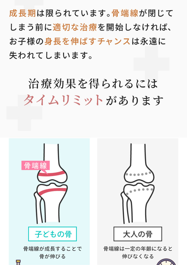 成長期は限られています。骨端線が閉じてしまう前に適切な治療を開始しなければ、お子様の身長を伸ばすチャンスは永遠に失われてしまいます。治療効果を得られるにはタイムリミットがあります