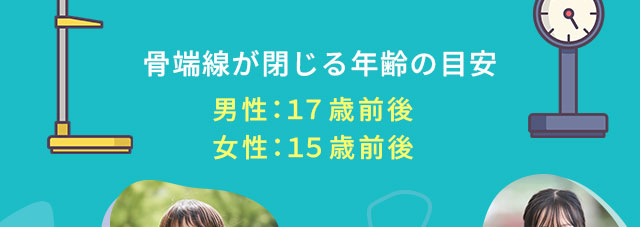 骨端線が閉じる年齢の目安 男性：18歳前後 女性：16歳前後