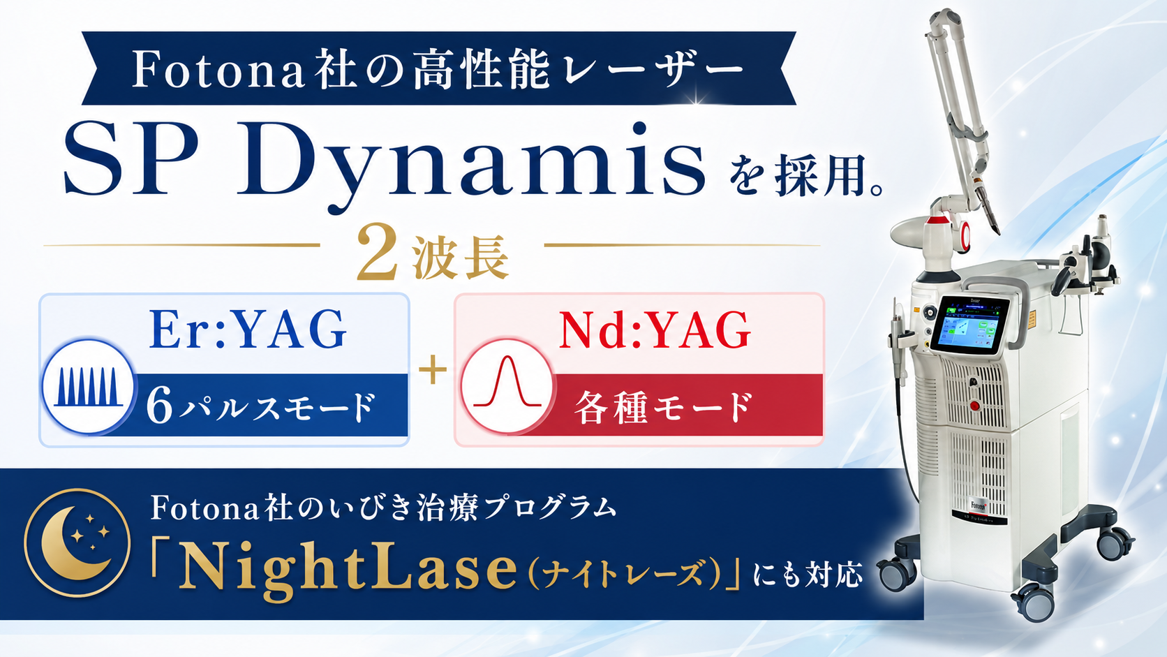 Fotona社の高性能レーザー SP Dynamisを採用。2波長　Er:YAG＋Nd:YAG　Er:YAG 6パルスモード＋Nd:YAG各種モード　Fotona社のいびき治療プログラム「NightLase（ナイトレーズ）」にも対応